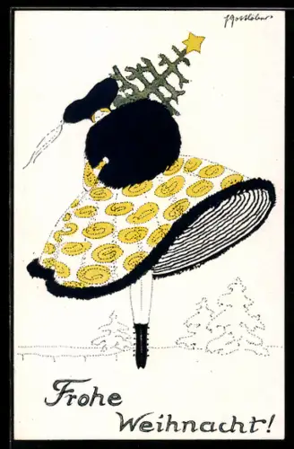 AK Jugendstil, Tänzerin trägt Weihnachtsbaum