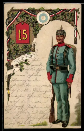 AK Uniformierter Soldat mit Gewehr, Regiment 15, Reichsfahne und Eichenlaub