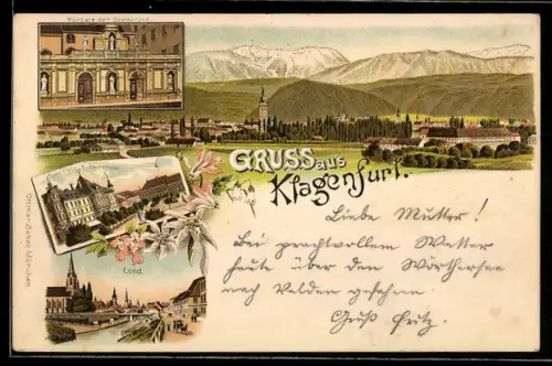 Vorläufer-Lithographie Klagenfurt, 1894, Lend, Portal der Domkirche, Neuer Platz und Rainerhaus