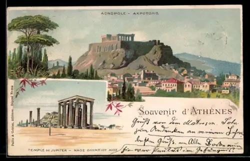 Lithographie Athen, Jupiter Tempel, Blick zur Akropolis