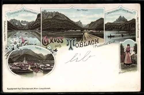 Lithographie Toblach i. Pustertal, Dürrensee mit Monte Christallo, Misurina-See mit Drei Zinnen, Ampezzo Volkstracht