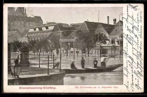 AK Klosterneuburg-Kierling, Hochwasser am 17. September 1899, Menschen auf einem Ruderboot
