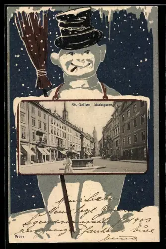 AK St. Gallen, Partie in der Marktgasse, Schneemann mit Besen im Passepartout