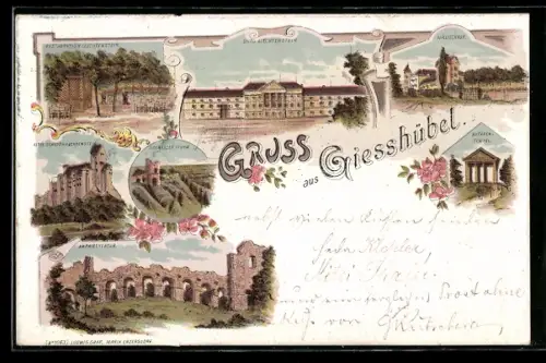 Lithographie Giesshübel, Amphitheater, Schwarzer Thurm, Restaurant Liechtenstein