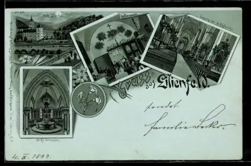 Mondschein-Lithographie Lilienfeld, Stift-Brunnen, Kellerstübl, Stiftskirche