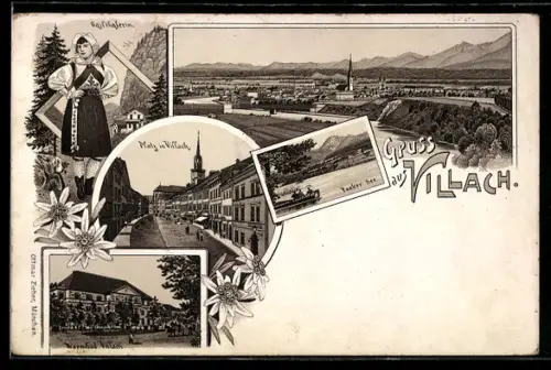 Lithographie Villach, Hauptplatz, Warmbad Villach, Gailthalerin in Tracht