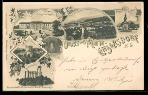 Lithographie Maria-Enzersdorf /N. Ö., Schloss Liechtenstein, Wallfahrtskirche, Schwarzer Thurm, Burg