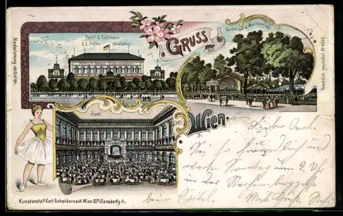 Lithographie Pertl`s Kaffeehaus mit Innenansicht und Blick in den Garten auf der Hauptallee des Wiener Prater