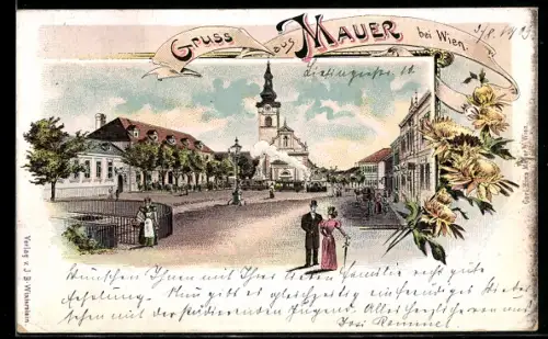 Lithographie Wien, Mauer, Ortspartie mit Kirche und Flaneuren