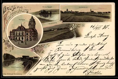 Lithographie Korneuburg, Rathaus, Donau Bagger, Schiffswarte