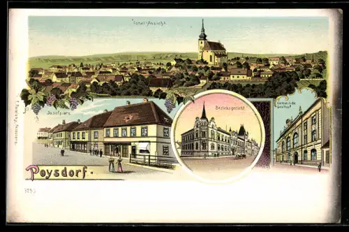 Lithographie Poysdorf, Gemeinde-Gasthof, Bezirksgericht, Josefplatz