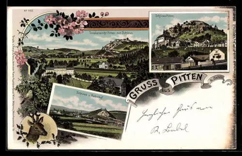 Lithographie Pitten /N. Öster., Schloss Pitten, Schloss und Bahnhof, Gesamtansicht