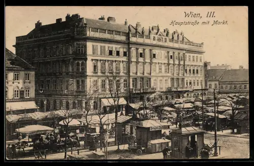 AK Wien, Partie an der Hauptstrasse mit Markt