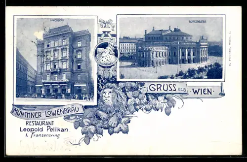 AK Wien, Restaurant Münchner Löwenbräu am Franzensring, Burgtheater