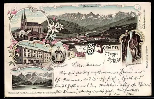 Lithographie St. Johann, Gesamtansicht, Pfarrkirche, Geschäftshaus, Tappenkarsee