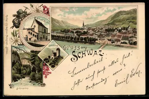Lithographie Schwaz, Vogelschau auf den Ort, St. Michaels Kapelle und Freundsberg