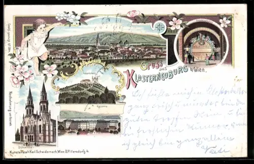 Lithographie Klosterneuburg b. Wien, Kaserne, Stiftskirche Fasselrutschen