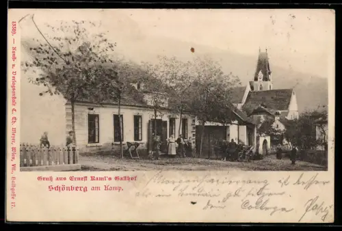 AK Schönberg am Kamp, Gasthof von Ernest Raml in der Aussenansicht mit Kirche