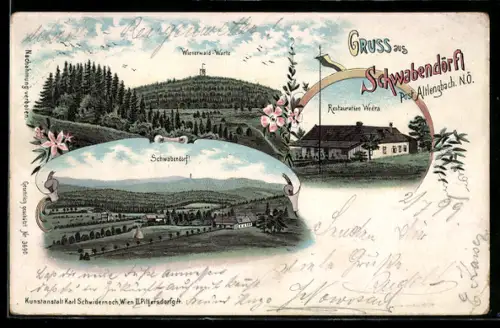 Lithographie Pressbaum-Schwabendörfl, Restaurant Wedra, Wienerwald-Warte