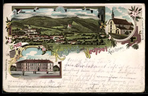 Lithographie Kirchberg am Wechsel, TOtalansicht, Kirche St. Corona und Schule