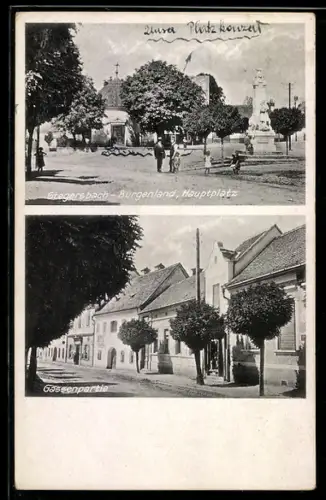 AK Stegersbach /Burgenland, Szene am Hauptplatz mit Denkmal und Gassenpartie