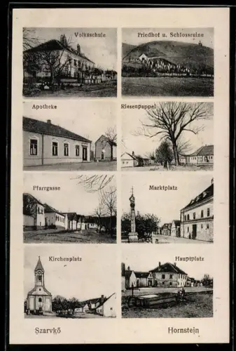 AK Hornstein, Volksschule, Friedhof, Riesenpappel und Partie am Marktplatz mit Denkmal