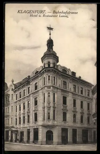 AK Klagenfurt, Partie in der Bahnhofstrasse mit Hotel Lamm, Aussenansicht