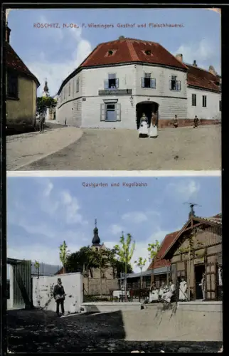 AK Röschitz /N.-Oe., Gasthof und Fleischhauerei von F. Wieninger, Gastgarten und Kegelbahn