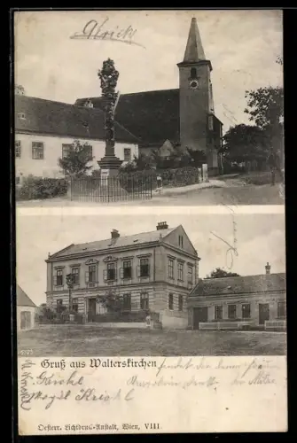 AK Walterskirchen, Volks-Schule, Kirche und Pestsäule