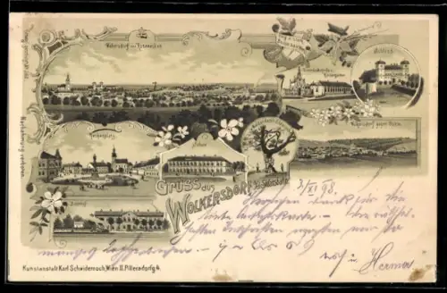 Lithographie Wolkersdorf a. d. Staatsbahn, Kirchenplatz, Schule, Bahnhof