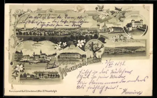 Lithographie Wolkersdorf /Staatsbahn, Blick von Rosenecken, Kirchenplatz, Lourdeskapelle, Schule