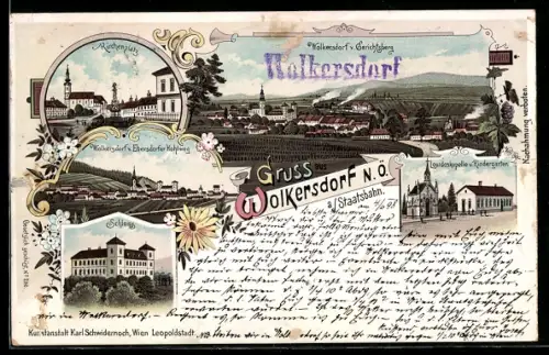 Lithographie Wolkersdorf / Staatsbahn, Lourdeskapelle und Kindergarten, Schloss, Kirchplatz, Ortsansicht