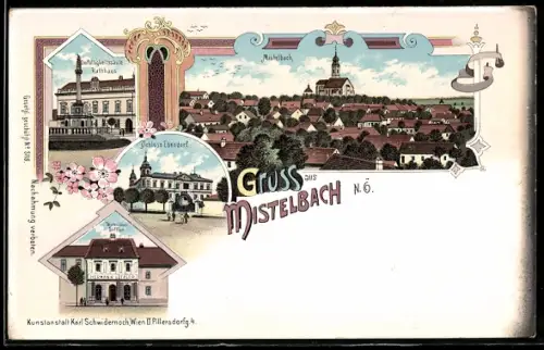 Lithographie Mistelbach /N.-Oe., Warenhaus Löffler, Dreifaltigkeitssäule und Rathaus
