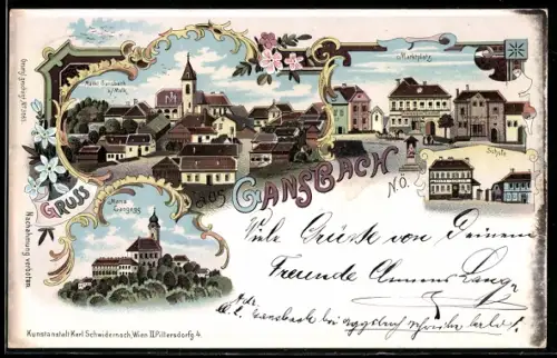 Lithographie Gansbach, Schule, Marktplatz, Kirche Maria Langegg