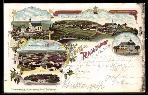 Lithographie Raggendorf /N.-Ö., Panorama, Kirche und Schule, Mühle und Schloss