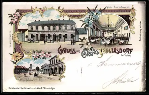 Lithographie Gross Jedlersdorf bei Wien, Fleischhauerei und Gastwirtschaft Carl Dobritzhofer, Speisesaal im Restaurant