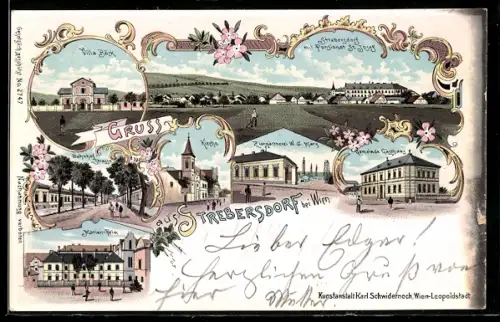 Lithographie Strebersdorf, Gemeinde Gasthaus, Marien-Heim, Villa Böck