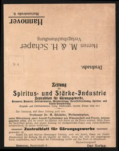 Klapp-AK Hannover, Herren M. & H. Schaper Verlagsbuchhandlung, Marienstrasse 8, Zeitung für Spiritus- und Stärkeindustrie