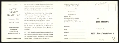 Klapp-AK Lübeck-Travemünde, Hotel Stadt Hamburg, Travemünde 1, Inh. W. Otte, Aussenansicht bei Tag und Nacht, Speisesaal
