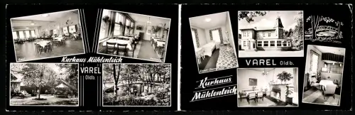 Klapp-AK Varel /Oldb., Kurhaus Mühlenteich, Inh. Siegfried Dittrich, Saal, Veranda, Aussenansicht, Ortskarte