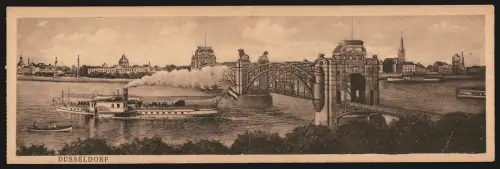 Klapp-AK Düsseldorf, Panorama mit Flussdampfer, Brücke und Eisenbahn