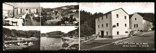 Klapp-AK Daun-Gemünden, Hotel Müller, Bes. B. Müller, Aussenansicht, Speisesaal und Badeanstalt im Maar