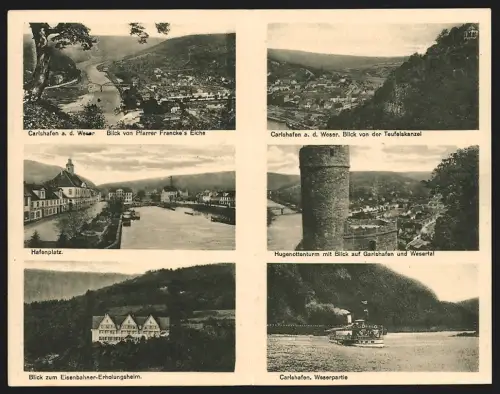 Klapp-AK Carlshafen a. d. Weser, Blick von der Teufelskanzel, Hugenottenturmmit Blick auf Garlshafen und Wesertal