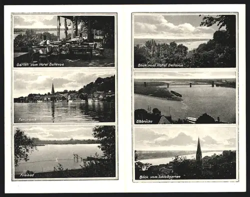 Klapp-AK Lauenburg a. d. Elbe, Hotel und Pension Bellevue, Garten, Elbbrücke, Freibad