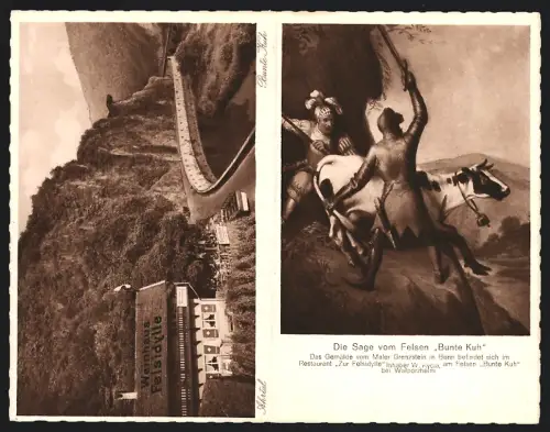 Klapp-AK Ahrtal, Bunte Kuh mit Weingasthaus Felsidylle, Wandgemälde, Die Sage vom Felsen Bunte Kuh