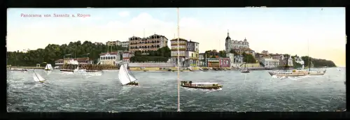 Klapp-AK Sassnitz /Rügen, Orspanorama vom Meer aus, mit Booten