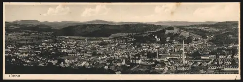Klapp-AK Lörrach, Gesamtansicht mit Fabrikschloten und Bergpanorama