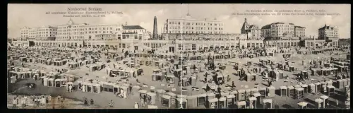 Klapp-AK Borkum, Ortspanorama mit Strand, Leuchtturm u. neuer Wandelhalle