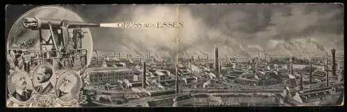 Klapp-AK Essen, Kruppsche Gussstahlfabrik, Kanone, Krupp-Portraits, Infotext
