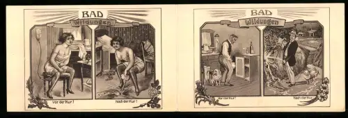 Klapp-AK Bad Wildungen, Kurgäste beim Wasserlassen vor u. nach der Kur